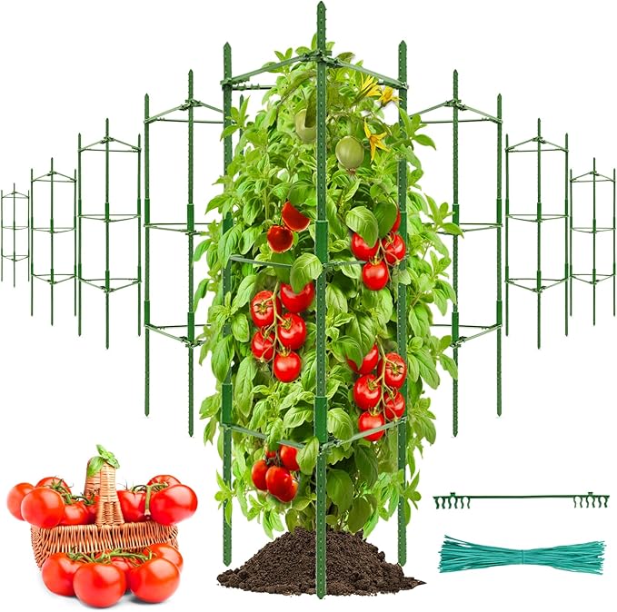 Halatool 8 Pack Tomato Cages for Garden, Up to 48in(4FT) Adjustable Tomato Cage,Garden Stakes Tomato Trellis for Pots, Green Tomato Plant Support with Snap-On Arms for Vegetables Plants(6 Buckles)
