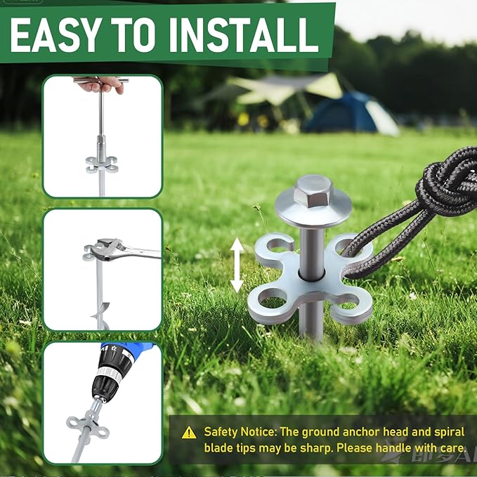 Ground Anchors Screw in – 4 Pack Spiral Tent Stakes heavy duty with Drill Socket & T-Handle, 12 Inch Trampoline Anchor with Hook & Ring Design for Tents, Sheds, Canopies, Swing Sets, Gazebo(4)