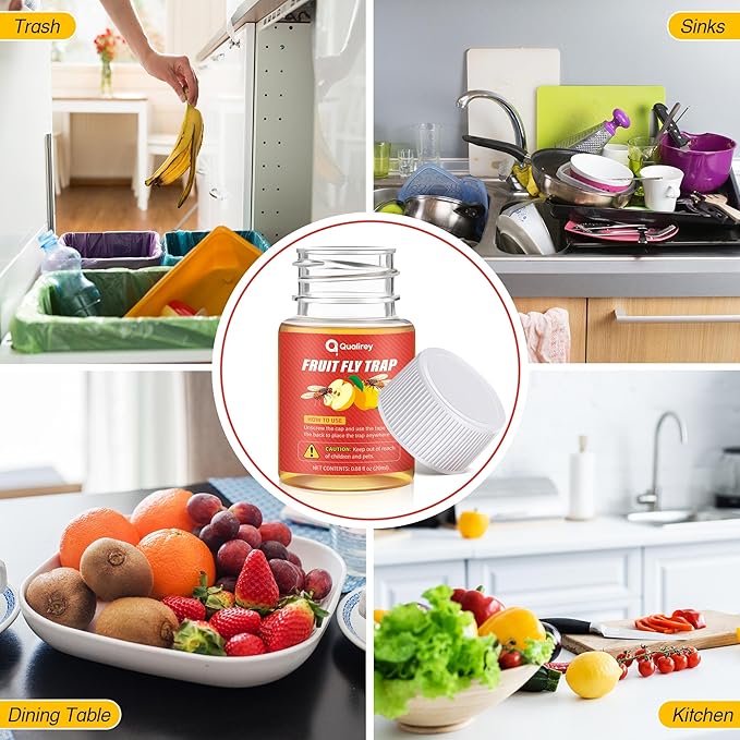 Qualirey 3 Pack Fruit Fly Traps for Indoors, Fruit Fly Killer and Catcher, Trap Refill Liquid for Home & Kitchen, Non Toxic Safe Near Food, Effective Lure Refill for Indoor Use