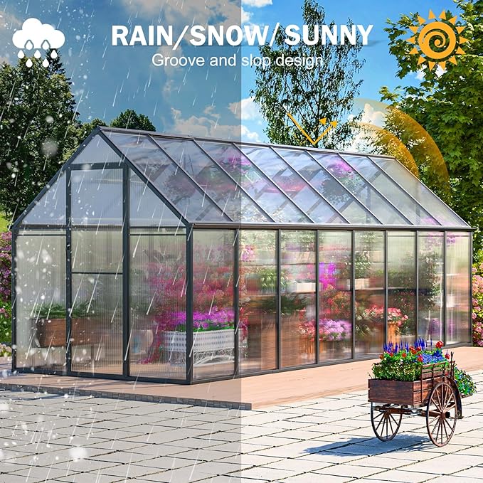 CDCASA 16x6 FT Greenhouse for Outdoors, Easy Assembly Large Aluminum Heavy Duty Polycarbonate Greenhouses Kit w/2 Window, Swing Door, Walk-in Green House for Outsides, Sunroom, Backyard, Garden