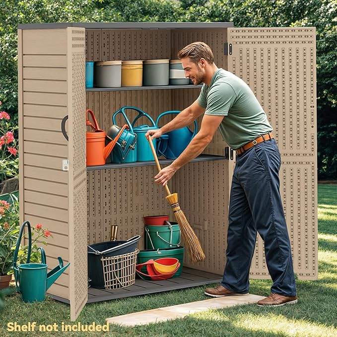 DWVO 59 Cu. Ft. Vertical Storage Shed, Weatherproof Outdoor Tall Cabinet with Double-Wall Panels and Floor, Lockable Resin Shed for Garden, Garage, Patio,Brown (Shelves Not Included)