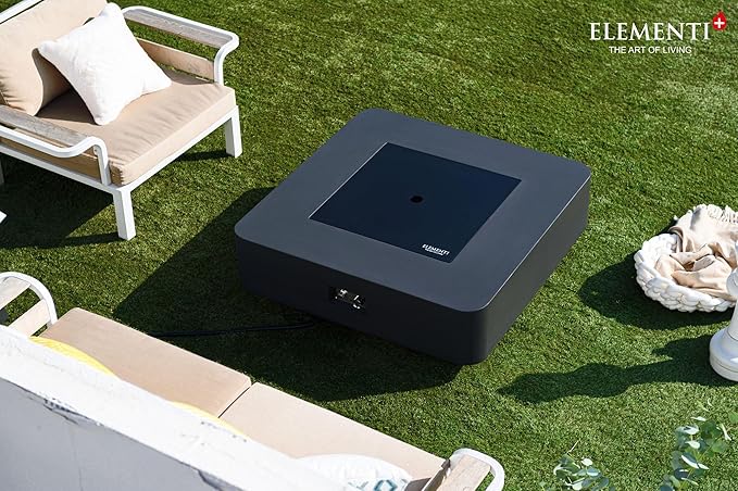 Elementi+ | Bergamo Gas Fire Pit Cast Concrete 42" Square Fire Table, Outdoor Fire Pit Electronic Ignition | Canvas Cover, Fire Glass and Burner Lid Included | Dark Gray | Propane Gas