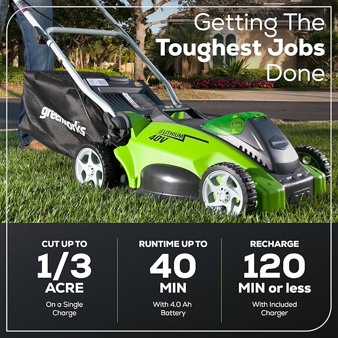 Greenworks 40V 16" Cordless Lawn Mower, Ultra-Light Push Mower with 4.0Ah Battery & Charger(75+ Tool Compatibility, 45Min Runtime)