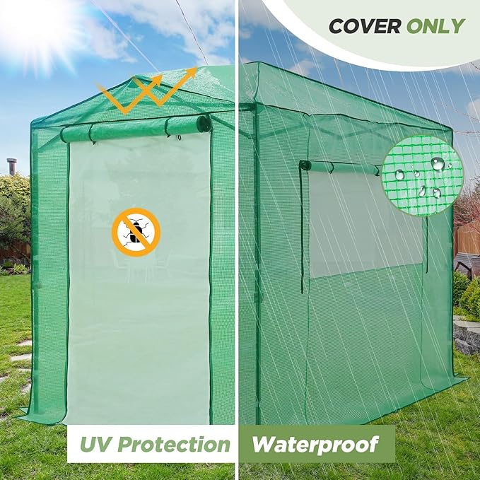 EAGLE PEAK Replacement Cover for 8x6 Portable Pop up Greenhouse, Dual Roll-up Zipper PE Door & Upgraded Screen Mesh Door and 2 Roll-Up Side Windows (Frame Not Included), Green