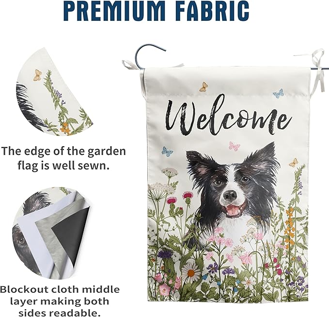 Floral Border Collie Garden Flag Spring Summer Yard Flag Flower Dog Garden Flags for Outside Small Outdoor Welcome Flags 12x18 Double Sided