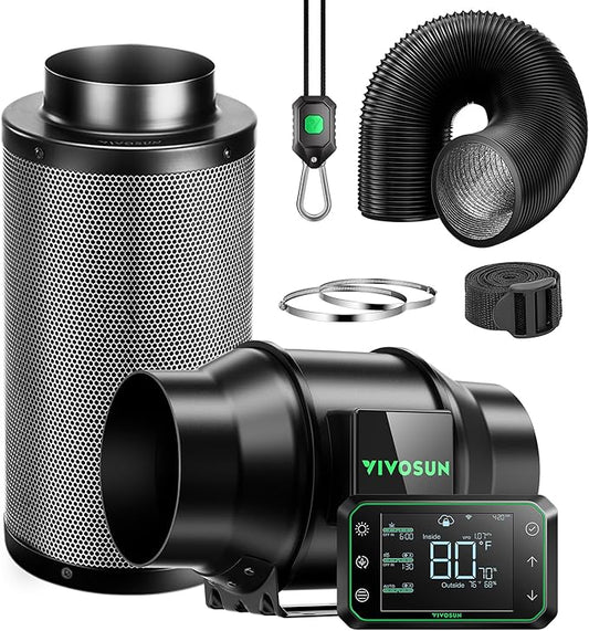 VIVOSUN Smart Air Filtration PRO G6 Kit 6", AeroZesh G6 Inline Duct Fan w/GrowHub E42A Temp. Humidity WiFi-Controller, Carbon Filter & Ducting, Cooling & Ventilation System for Grow Tent, Hydroponics
