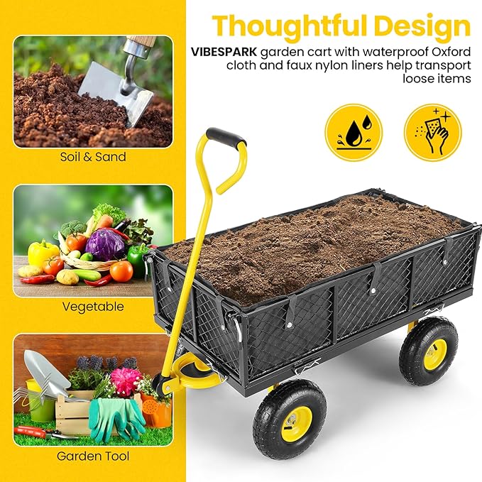 TEANDE Garden Cart, Heavy Duty 880 Lbs Capacity Mesh Steel Garden Cart with Removable Sides to Convert into Flatbed, Utility Metal Wagon with 180° Rotating Handle and 10 in Tires