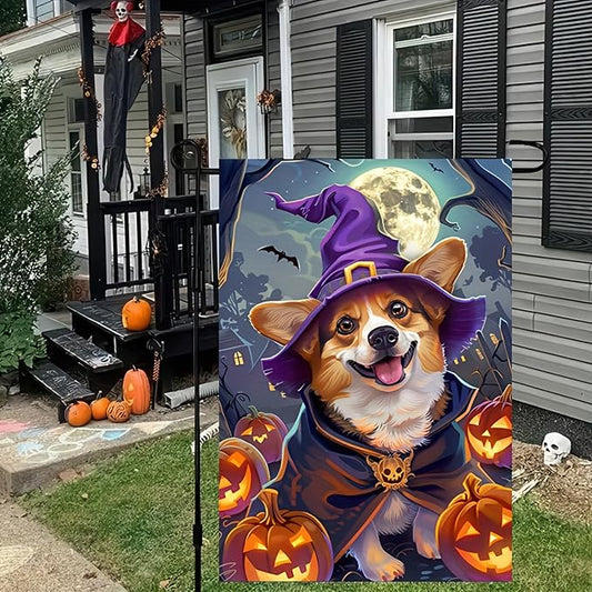 Halloween Decorations Outdoor Garden Flag 12x18 Inch Double Sided Corgi Dog Witch Hat Pumpkin Fall Decor Yard Lawn Porch Patio Halloween Garden Flags