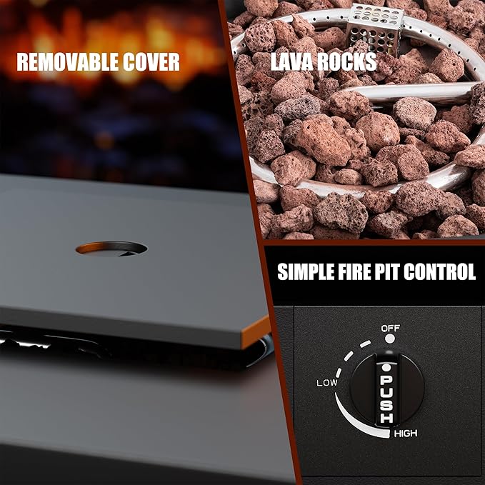 Vongrasig 30 Inch Gas Fire Pit, 50,000 BTU Propane Fire Pits for Outside, Steel Square Fire Table with Lid and Lava Rock, Patio Deck Garden Backyard