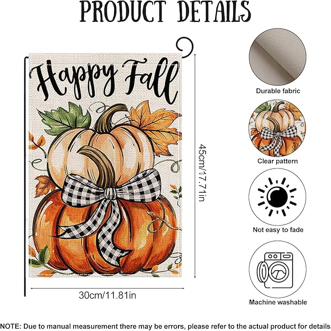 Fall Garden Flag 12 x 18 Inch Double Sided Cute Pumpkin Maple Leaves Designs Autumn Burlap Yard Flag for Outside Rustic Yard Outdoor Holiday Home Decoration