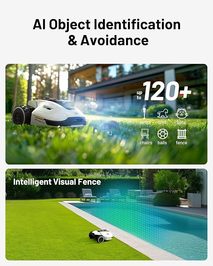 YUKA 2000 Robot Lawn Mower with Sweeper Kit, Ultrasense AI Vision & RTK Antenna, Auto Mapping & App Control,45% Slope Capability,Dual Cutting Discs, Up to 20 Mowing Zones
