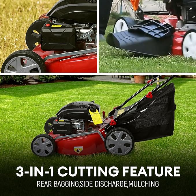 Self Propelled Gas Lawn Mower,141cc OHV Engine with Air Cooling, 20" Steel Deck, 3-in-1 Cutting System, 8-Level Height Adjustment, 20L Grass Catcher, Foldable Design Red (US Fast Arrival)