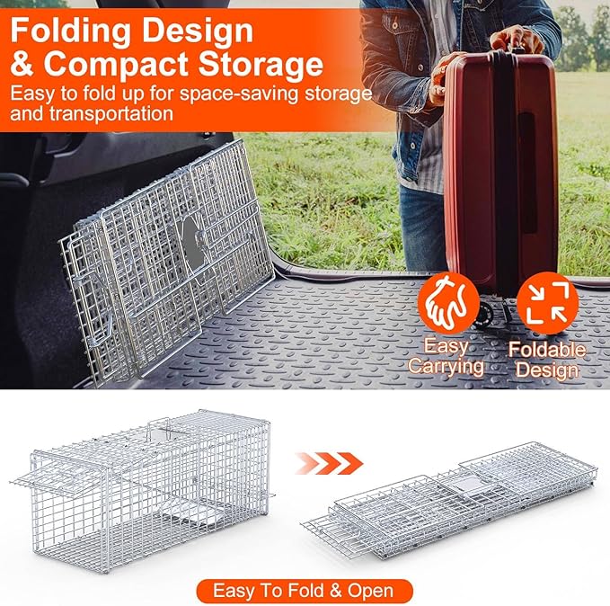 Humane Animal Trap, 37"x14"x15" Foldable Large Live Cage Traps for for Raccoons Beavers Groundhogs Foxes Armadillos and Other Live Animals, Easy to Catch and Release, Work for Indoor Outdoor