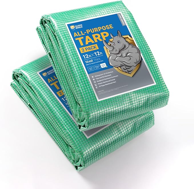 GUARD SHIELD Clear Green Tarp Heavy Duty 12x12 Feet Waterproof for Greenhouse Outdoor Garden Poly Cover UV Resistant 3x3 Weave 10mil (2-Pack)