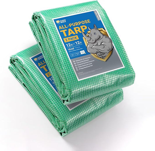 GUARD SHIELD Clear Green Tarp Heavy Duty 12x12 Feet Waterproof for Greenhouse Outdoor Garden Poly Cover UV Resistant 3x3 Weave 10mil (2-Pack)