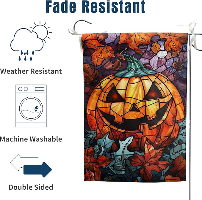 Scary Pumpkin Garden Flag Spooky Halloween Yard Flags for Outside 12x18 Double Sided Small Fall Outdoor Flag Stained Glass Autumn Flags for Porch Lawn Farmhouse Thanksgiving Decor