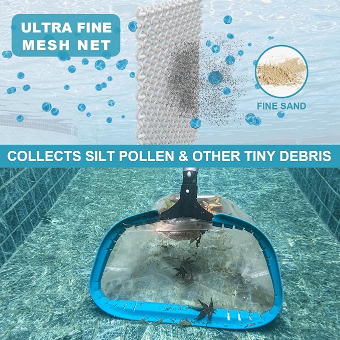 POOLWHALE 14" Pool Pollen Net - Pool Skimmer Net Rake, Strong Aluminum Frame, Ultra Fine Mesh Nets for Cleaning & for Sand, Silt, Leaves, Remove The Finest Debris