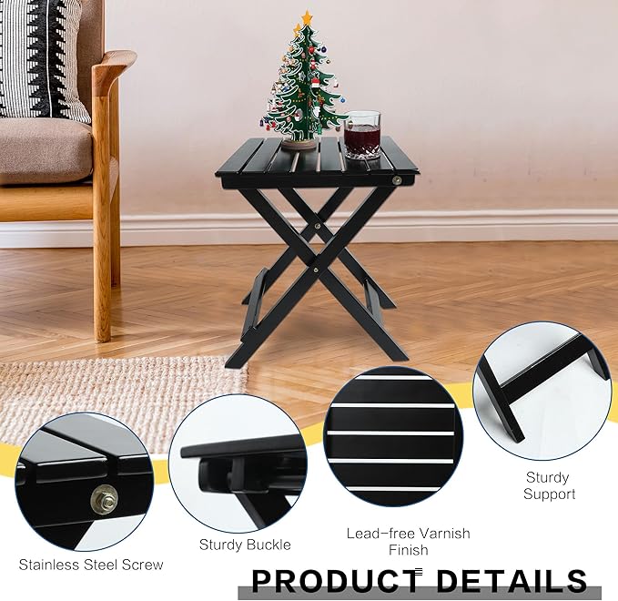 Outdoor Patio Side Table Set of 2 Small Wood End Square Table Folding Coffee Furniture for Living Room, Bedroom, Plant Stand, Camping Portable Black