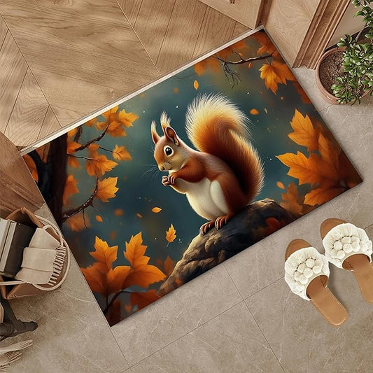Door Mat,Cute Squirrel Welcome Mat Indoor,Fall Maple Leaf Non-Slip Outdoor Entry Mat for Home Entryway, Low Profile Floor Rugs for Entry Patio, Porch, Hallways 30 x 17 Inch