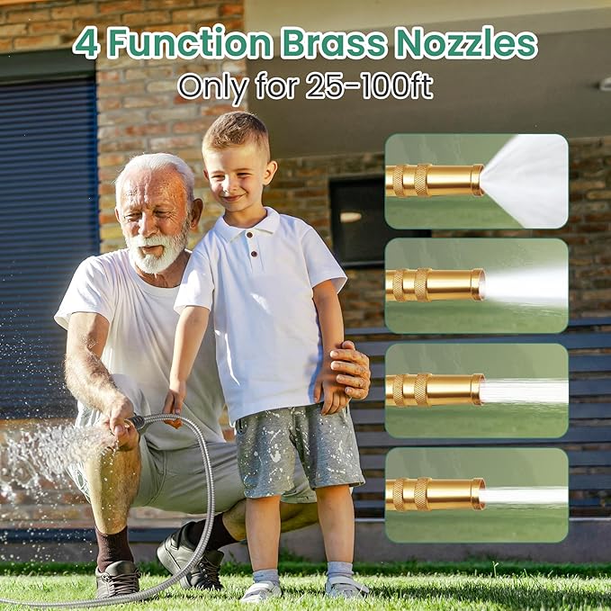 Cesun Ultra-Sturdy 25ft Metal Garden Hose - 304 Stainless Steel, Flexible & Kink-Free, UV Resistant, All-Weather, Includes High-Pressure Brass Nozzle - Ideal for Home & Outdoor Use