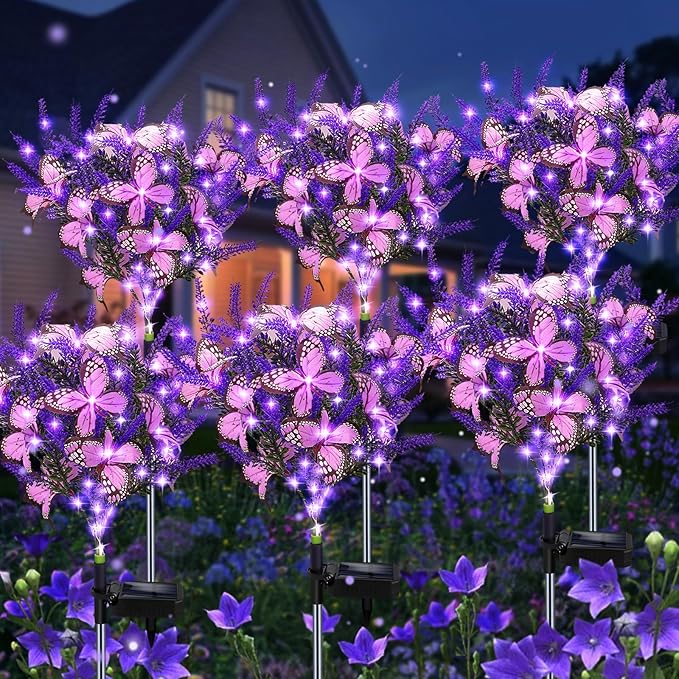 Solar Garden Lights Outdoor, 6 Pack Purple Lavender Solar Butterfly Lights Gardening Gifts for Women,Artificial Flowers Light Purple Halloween Garden Decor for Patio Yard Lawn Christmas