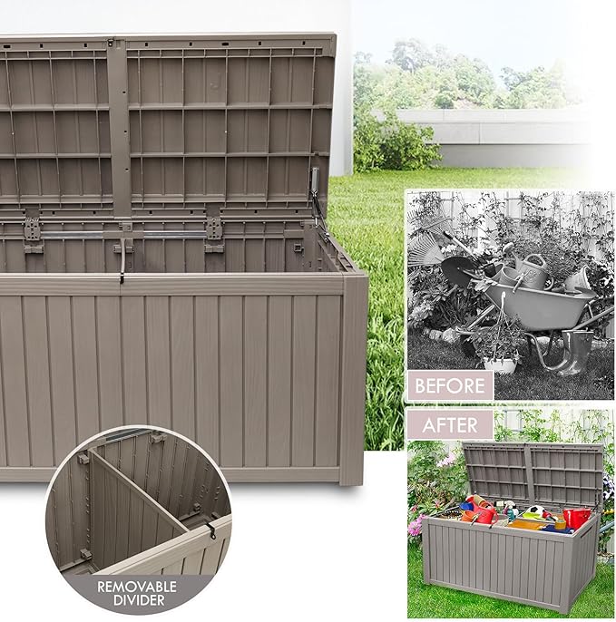 AJP Distributors 180 Gallon Outdoor Storage Box, Rain Waterproof Resin Deck Box, Lockable Large Storage Container for Patio Furniture, Cushions, Garden Tools, Sports Equipment and Pool Supplies Taupe