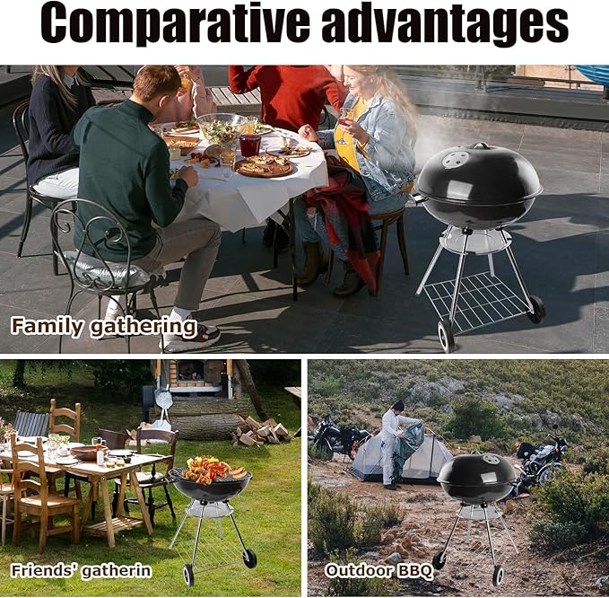 Ayiusedeza charcoal grill, kettle charcoal grill, 22.5-inch black 7-piece set, perfect for outdoor cooking in yards, hiking, and camping (227 piece set)