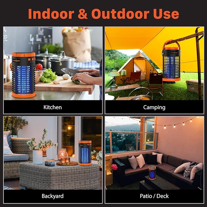 FosPower Bug Zapper Outdoor & Indoor (5-in-1) 3300V Mosquito Zapper with 29600mWh Power Bank, Rechargeable USB/Solar Charging, Flashlight, Reading Light, SOS Signal for Patio, Camping Essentials