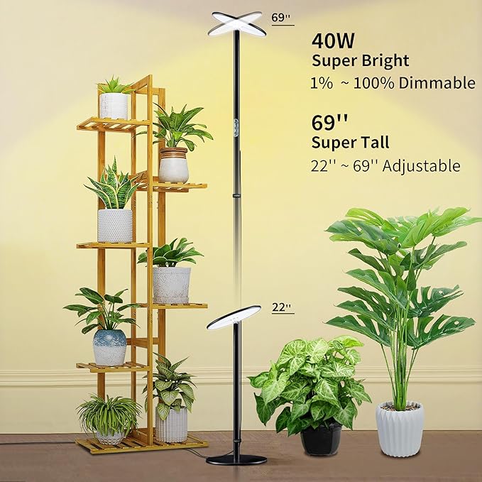 chiphy Grow Lights, Full Spectrum LED Plant Light for Indoor Plants, 4/8/12H Timer, 40W Grow Lamp, 10 Level Dimmable Brightness, 69" Heights Adjustable, Remote Control, Ideal for Large Tall Plants