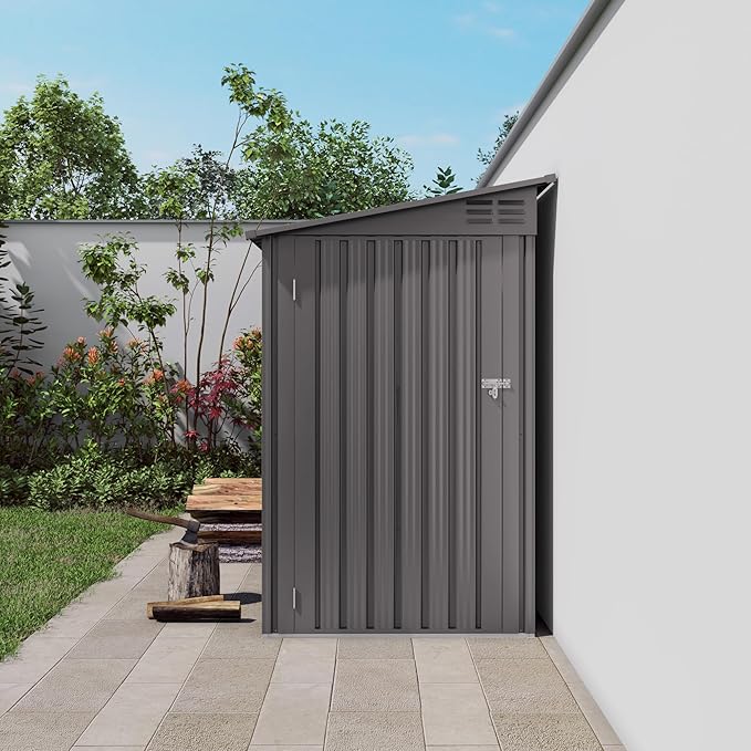 4x9 FT Lean to Shed with Windows, Metal Sheds & Outdoor Storage with 6 Vents and 1 Side Open Door, Outdoor Storage Shed Waterproof for Backyard, Garden, Patio, Gray