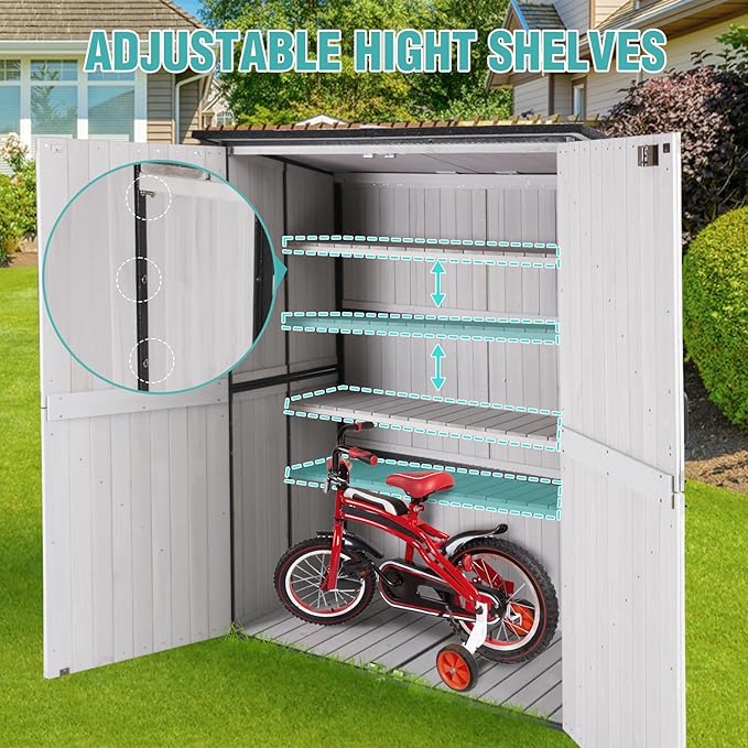 Outdoor Storage Cabinet with Adjustable Shelves, Large Metal Frame Garden Shed for Bike & Tool Storage, Lockable Waterproof Vertical Cabinet Box for Backyard, Patio, Lawn, Deck