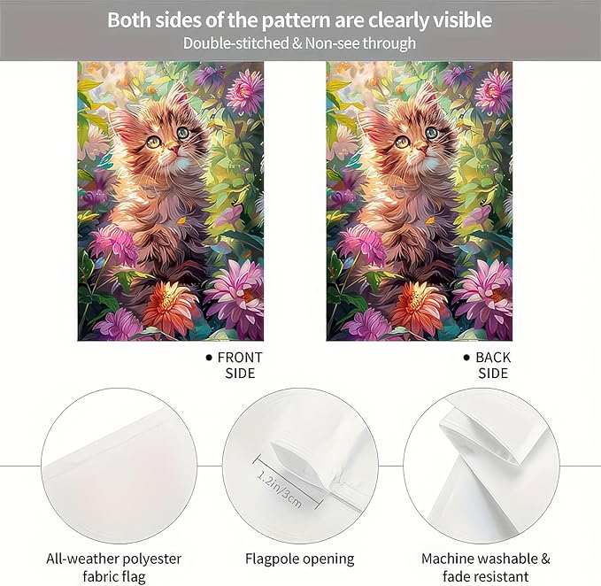 Spring Garden Flag 12x18 Inch Floral Kitten Outdoor Banner Double Sided Cat Yard Flag with Colorful Flowers for Porch Lawn Welcome Spring Summer Decor