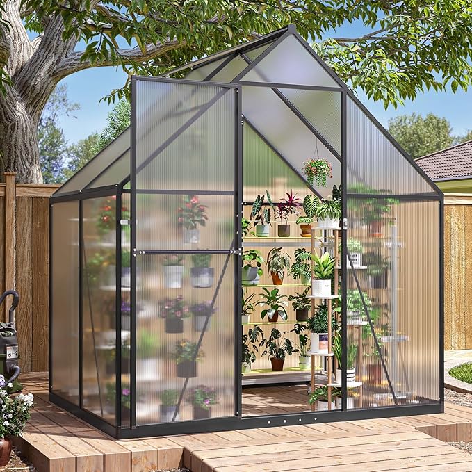 AOXUN 4x6 FT Outdoor Greenhouse, Polycarbonate Greenhouse with Aluminum Frame, Walk-in Green House with Roof Vent, Ground Nails, Lockable Door for Garden Backyard, Patio, Lawn,Quick-Installation