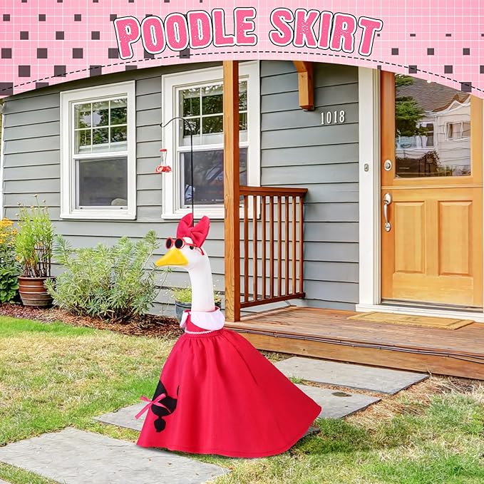 Outus Halloween Poodle Goose Outfits Funny 50s Poodle Skirt for Porch Goose Hot Pink 23 Inch Holiday Geese Cloth for Halloween Vintage 1950s Party Yard Garden Outdoor Decor
