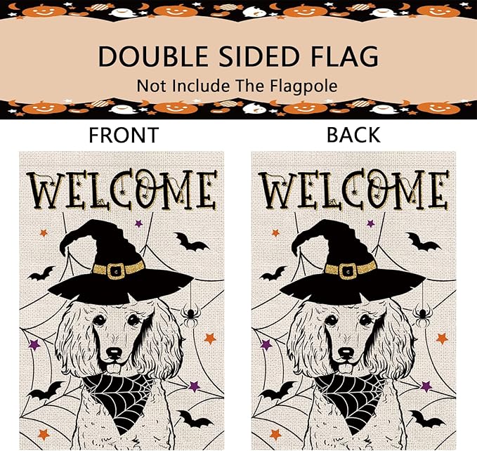 Halloween Garden Flag Poodle Cobweb Bats Double Sided Vertical Welcome Flag Holiday Outdoor Yard Lawn Decorations 12.5 x 18 Inch