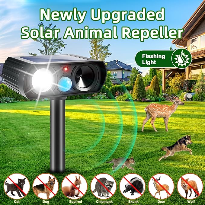 2025 4Pack Ultrasonic Animal Repellent Outdoor Solar Animal Repeller witht Motion Sensor&LED Strober Ligh Cat Deterrent Outdoor Deer Repellent Device to Scare Rabbit Fox Dog Raccoon Squirrel Skunk