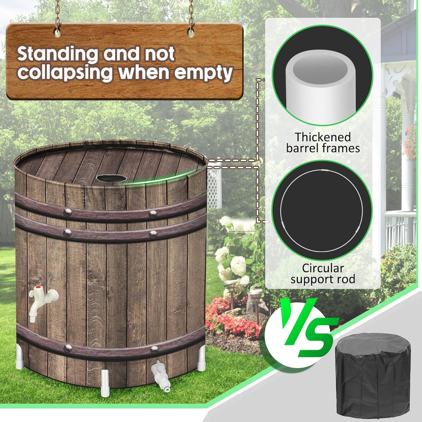 Collapsible Rain Barrels, 50 Gallon Rain Water Collection Barrel, Rain Catcher Barrels to Collect Rainwater from Gutter, Leak-Proof Design, Woodgrain