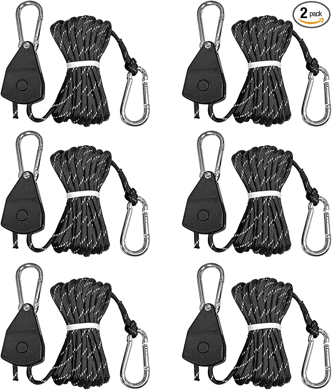 13ft Adjustable Outdoor Windproof Rope Ratchet Strap Tie Down Straps Small Mini Reflctive Paracord Rope Tent Hanger Grow Light Kayak 5/32" Black 6 Pack