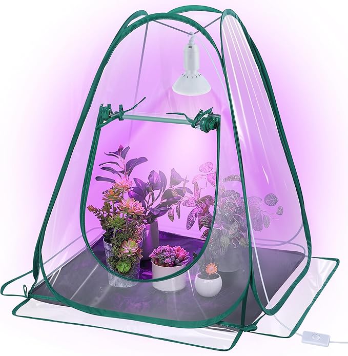Meonum Mini Greenhouse with 10W 200 LED Grow Light Bulbs for Indoor, 27 x 27 x 30 Pop Up Small Greenhouse Cover with Bottom Waterproof Bottom Mat for Indoor Outdoor Plants Seed Starting