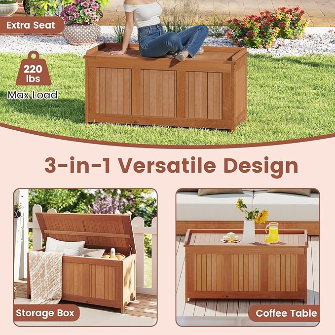 Tangkula 58 Gallon Wood Outdoor Storage Box, 3-in-1 Patio Storage Bench with Flip Top for Cushions, Pool Supplies, Gardening Tools, Outdoor Deck Box for Garden, Backyard, Poolside