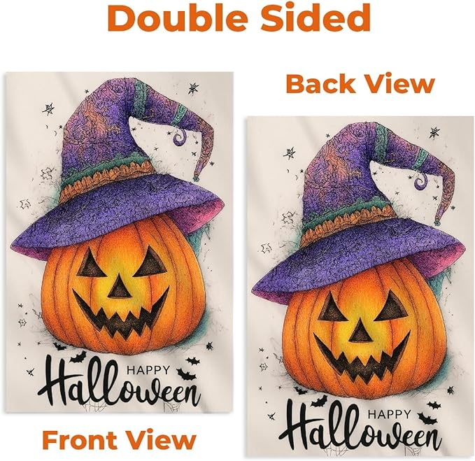 Happy Halloween Garden Flag 12x18 Inch – Pumpkin with Purple Hat, Double Sided Burlap Fall Yard Flag for Outside