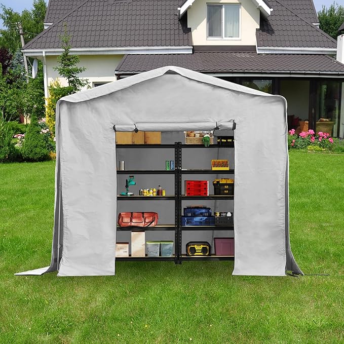 8x8x8 FT Outdoor Storage Shelter Carport, Portable Storage Tent with Roll-up Door, Waterproof Outdoor Carport for Bike, Lawn Mower, ATV Storage (Grey)