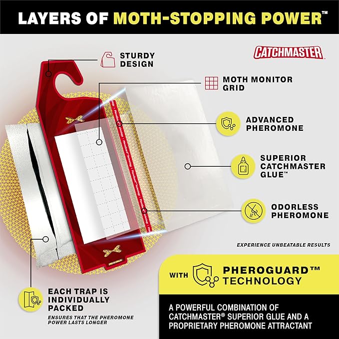 Catchmaster Clothes Moth Traps with Premium PheroGuard Technology – XL, Extra-Strength Glue – Odorless, Kids and Pet Safe – Traps & Eliminates Moths – Protects Clothes, Closets and Wardrobes – 6-Pack