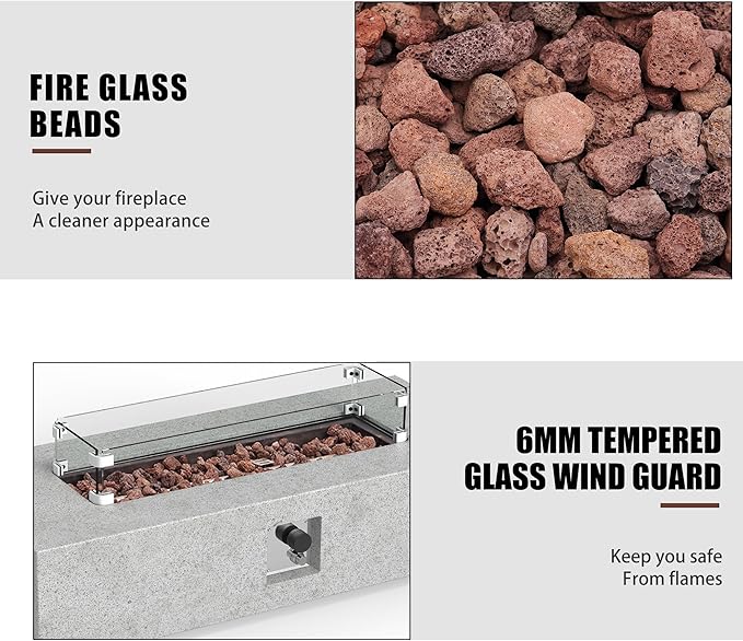NAGA HABNA 56 Inch Propane Fire Pit Table, Rectangle Outdoor Fire Table w Tank Table (50,000 BTU), 3 Piece Gas Fire Pit w Glass Wind Guard & Lava Rocks for Garden, Pool, Backyard