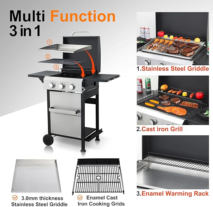 3-Burner Flat Top Propane Gas Grill Stainless Steel Griddle Combo with Foldable Side Table, 36,900 BTU Outdoor BBQ Grill, Porcelain-Enameled Cast Iron Grids, for Backyard, Patio Cooking