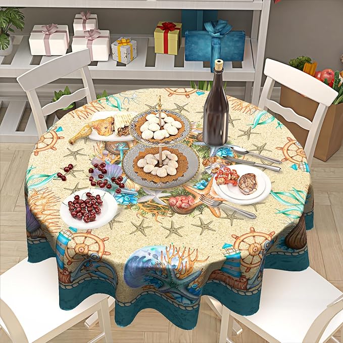 Giwawa Summer Beach Tablecloth Round 60 Inch, Shell Coastal Wreath Sea Theme Waterproof Fabric Circular Table Cloth Cover for Home Kitchen Dining Patio Picnic Party Decor