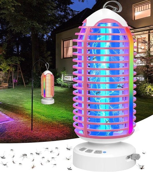 Bug Zapper Outdoor with Colorful Lighting and Auto-Sensing, 3 in 1 Cordless 4000mAh Battery Electric Fly Trap, Rechargeable Mosquito Zapper for Camping, Patios, Garden, Kitchen (1Pack-Pink)