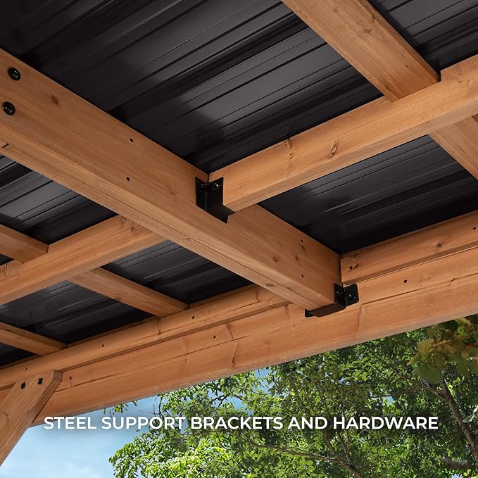 Backyard Discovery Kingsport 20' x 12' Cedar Wood Outdoor Carport Garage with Heavy-Duty Galvanized Steel Slope Roof, Snow Support, Wind Resistance, PowerPort, Shelter to Protect Cars, Boats, Trucks