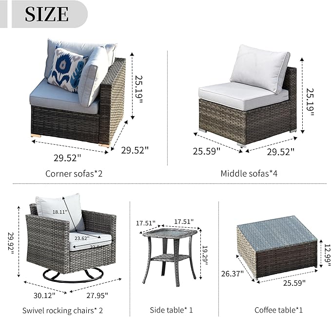 HOOOWOOO 10 Piece Patio Sectional Furniture Set with Swivel Rocking Chairs,Modern Wicker Outdoor Conversation Sofa Sets,Weather Resistant Modular L Shaped Outside Couch Set(Light Grey)