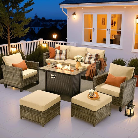 ovios Patio Furniture Set, 6 Pieces Outdoor Wicker Sofa Couch with Fire Pit Table, Ottomans and Comfy Cushions, All Weather High Back Rattan Conversation Set, Beige